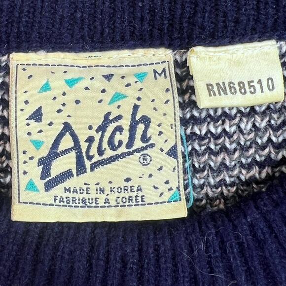 Vintage 90s Striped Blue Grandpa Sweater Aitch | Size Medium - Picture 4 of 6